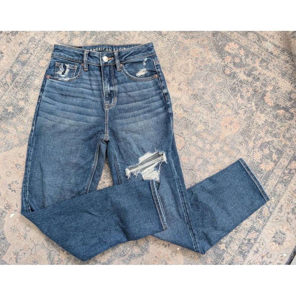 American Eagle Mom Straight Jeans Womens Size 0 Distressed Medium Wash